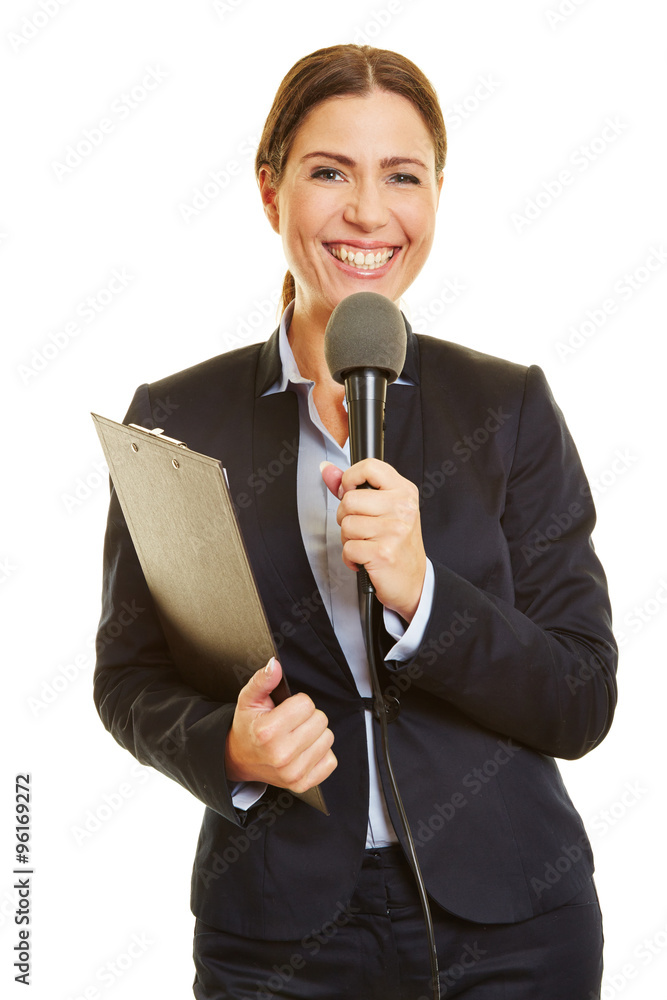 Reporterin mit Mikrofon und Klemmbrett Reporterin mit Mikrofon und Klemmbrett