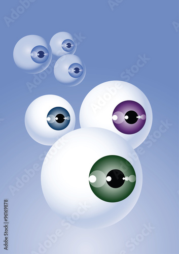 Abstract illustration of clusters of eyeballs floating in the sky.