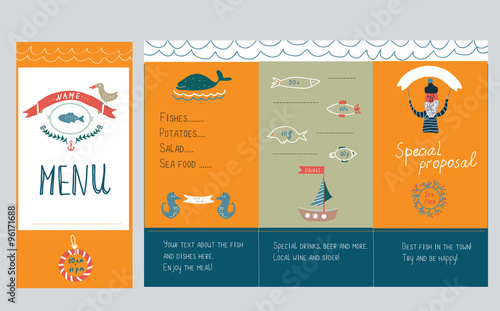 Fish restautant menu design - hand drawn illustration photo