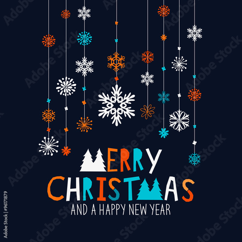 Merry Christmas Decorations. Hanging snowflake decorations and merry christmas sign. Vector illustration.