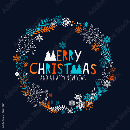 Merry Christmas Wreath with snowflakes and floral patterns. Vector illustration