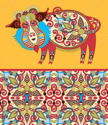 folk ethnic animal - wild boar with seamless geometry vintage pa