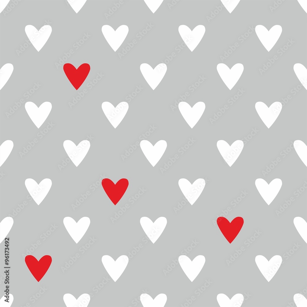 Tile vector pattern with red and white hearts on grey background