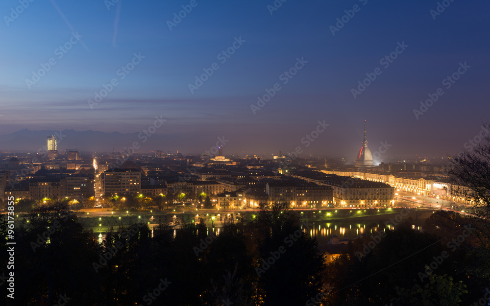 Panoramic cityscape of Turin (Torino) from above at dusk