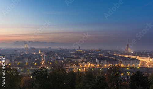 Panoramic cityscape of Turin  Torino  from above at dusk