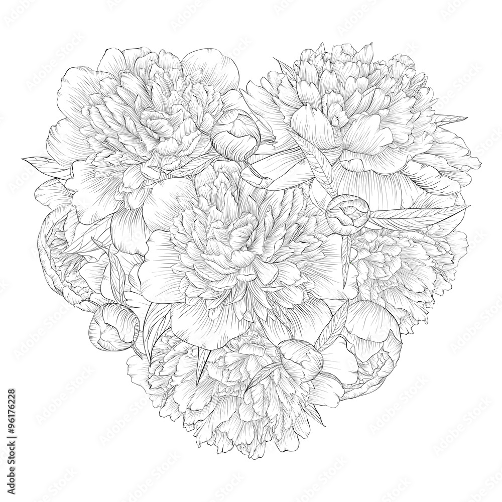 Beautiful monochrome black and white heart decorated by flowers peony. I love you.