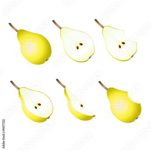 Ripe pears, pears slices on a white background.