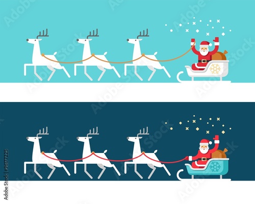 Santa Claus on sleigh and his reindeers. Christmas card. Vector illustration, flat style.