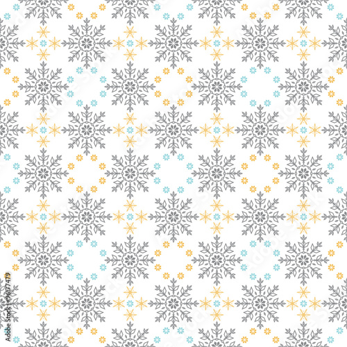 Vector of Snow Flakes Ornament Seamless Pattern in Gray Blue and Yellow on White Background