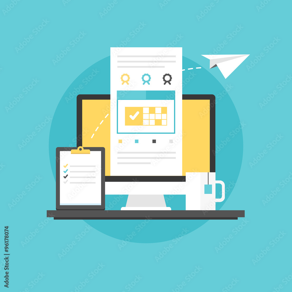Business planning icon concept. Computer with business calendar and clipboard in flat design style. Vector illustration Business planning icon concept. Computer with business calendar and clipboard in flat design style. Vector illustration