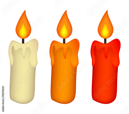 Christmas candle set, burning wax candle icon, symbol, design. Winter vector illustration isolated on white background.