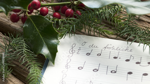 Handgeschriebenes Notenblatt, O du fröhliche, Weihnachten, Ilex Zweig
