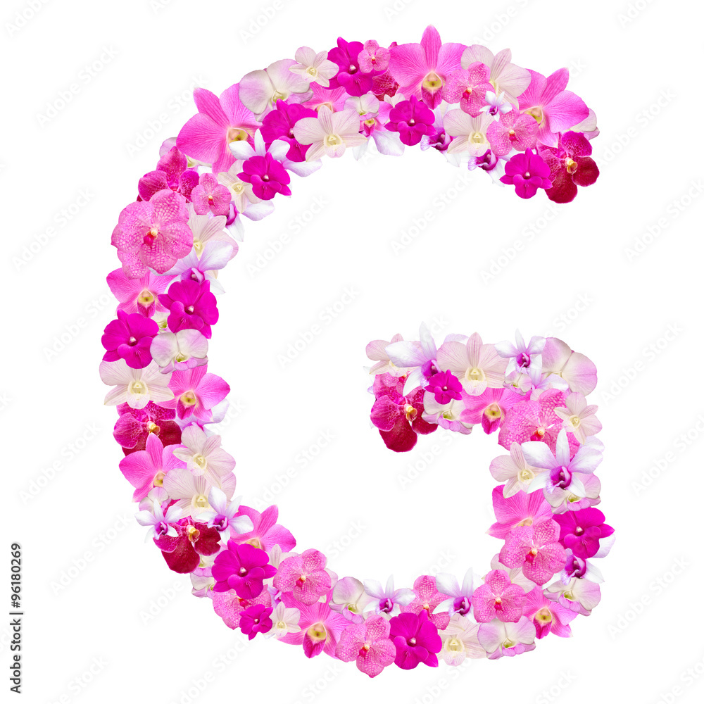 Letter G from orchid flowers isolated on white with working path