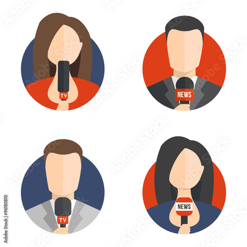 Male and female newsreader avatar icons. Live news, tv anchorman and anchorwoman avatar icons in flat style. Vector elements