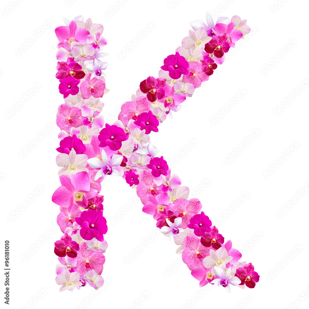 Letter K from orchid flowers isolated on white with working path Letter K from orchid flowers isolated on white with working path