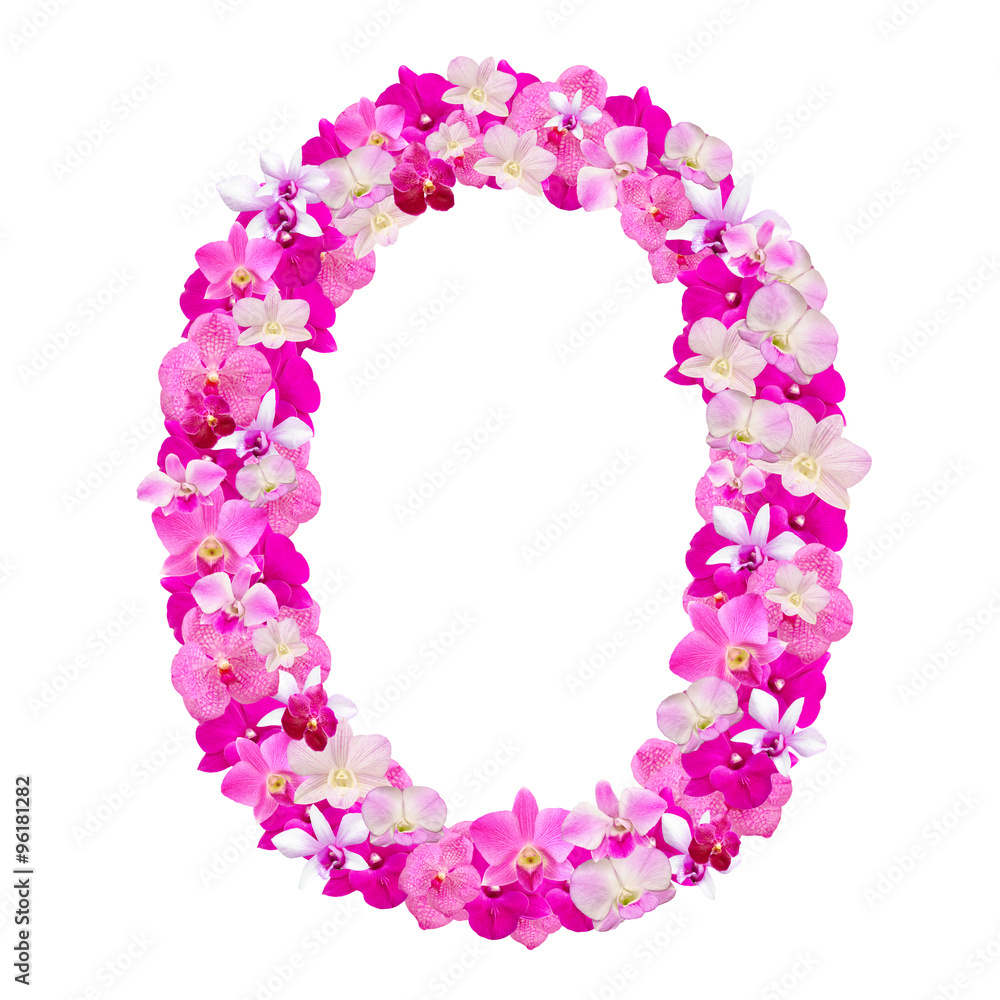 Letter O from orchid flowers isolated on white with working path