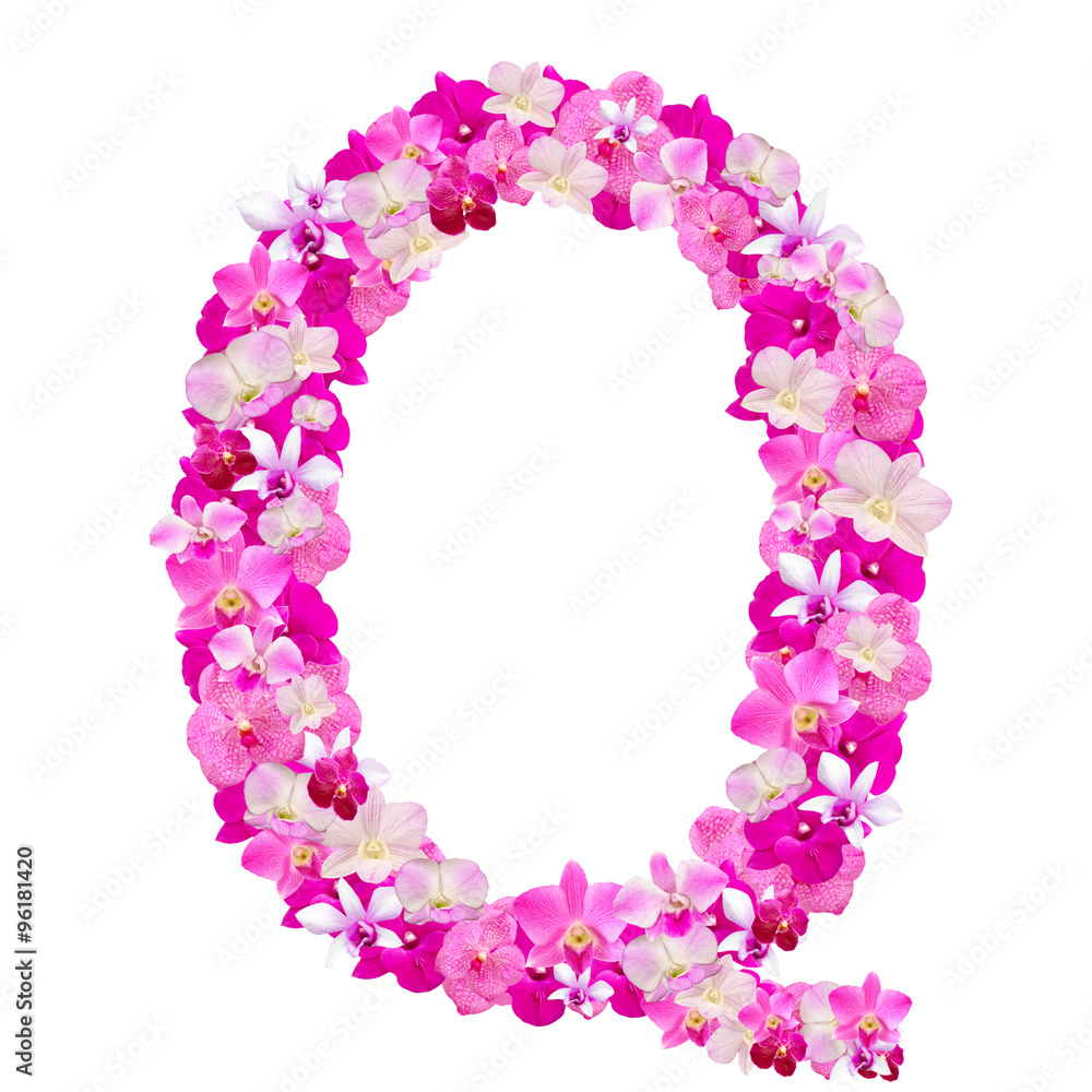 Letter Q from orchid flowers isolated on white with working path