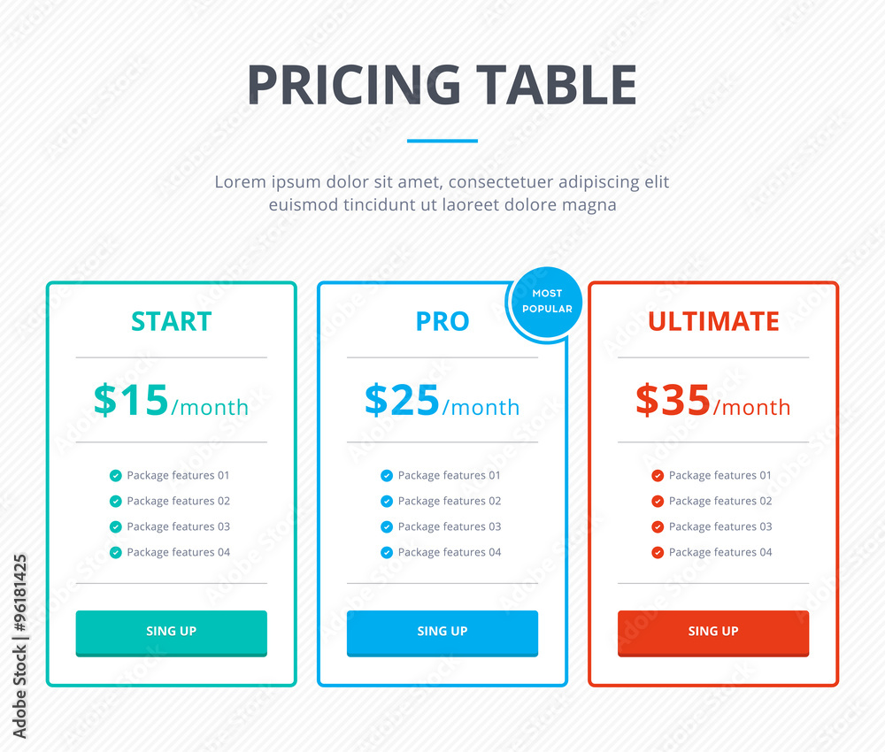Pricing table template with three plans - Start, Pro and Ultimate with one most popular plan. Website interface template for pricing block. Vector element