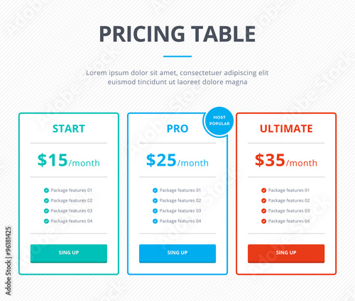 Pricing table template with three plans - Start, Pro and Ultimate with one most popular plan. Website interface template for pricing block. Vector element