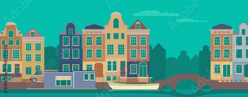 Colorful Amsterdam flat streets and channels vector illustration.