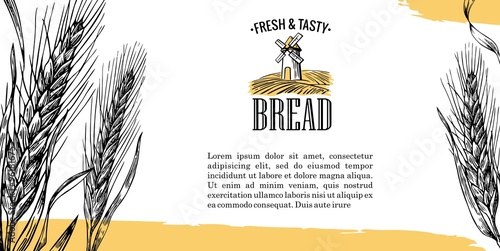 Mill, Wheat field, Ears. Black, white, yellow color. Vintage vector engraving illustration for logotype, label, poster, corporate identity, badges, brochures, presentations, flayer for bakery shop.