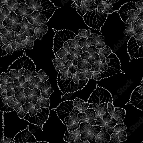Beautiful seamless background with monochrome, black and white flowers.
