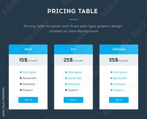 Pricing table template with three plan type - Start, Pro and Ultimate. Website interface template for pricing block. Isolated on dark background. Vector element