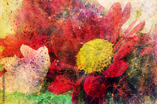red flower and watercolor brushstrokes