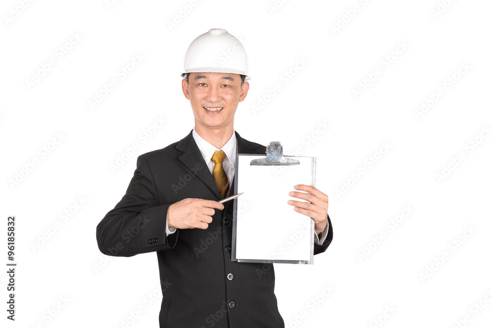 Asian young engineer write clipboard isolated on white backgroun