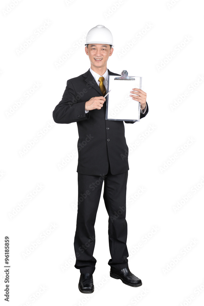 Asian young engineer write clipboard isolated on white backgroun Asian young engineer write clipboard isolated on white backgroun