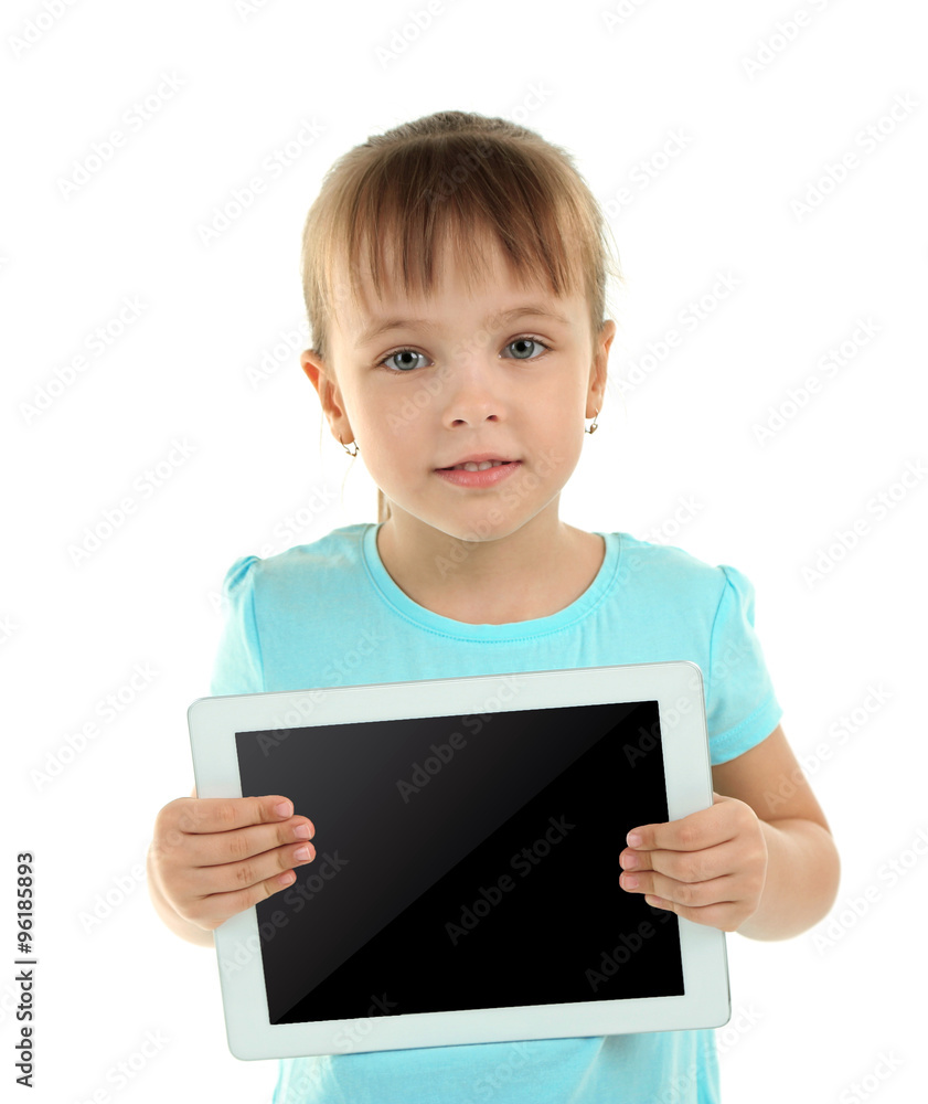 Beautiful little girl with digital tablet, isolated on white Beautiful little girl with digital tablet, isolated on white