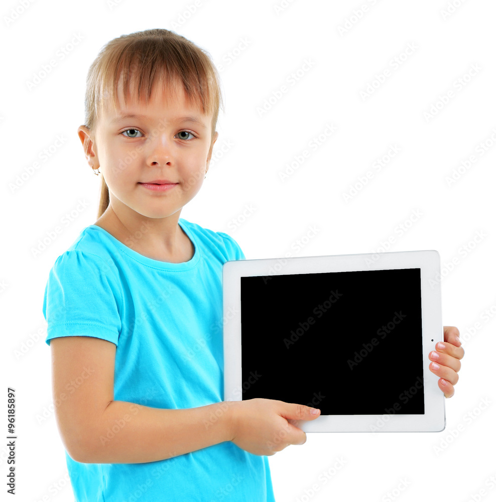 Beautiful little girl with digital tablet, isolated on white Beautiful little girl with digital tablet, isolated on white