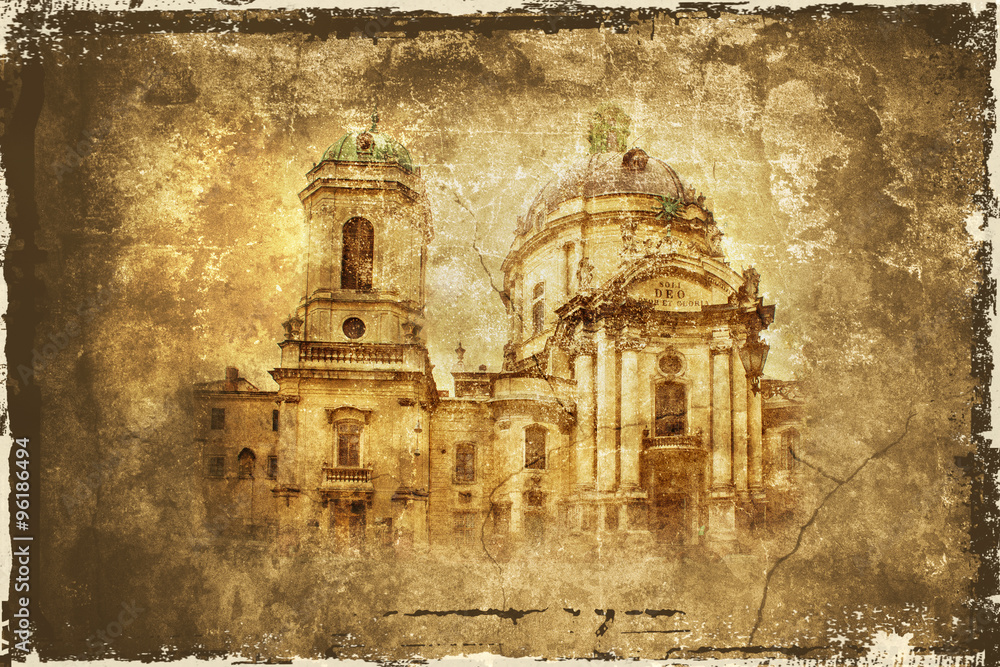 Vintage background with old Dominican church in Lvov, Ukraine