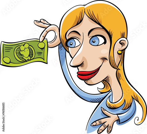 A cartoon woman happily holding a bill of cash money.