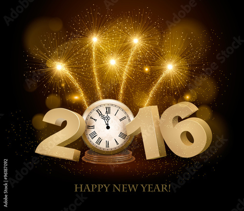 Happy New Year background with 2016, a clock and fireworks. Vect