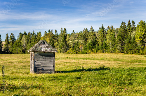 Old Wooden Shed in a Meadow and Blue Sky