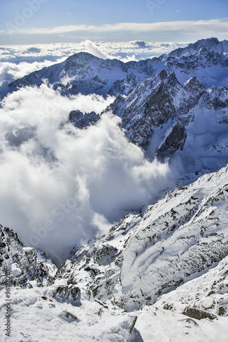 view from Lomnicky peak in Tatra Mountains Slovakia winter 