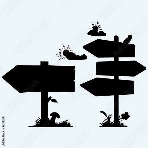 Wooden arrow board. Isolated on blue background. Vector silhouettes