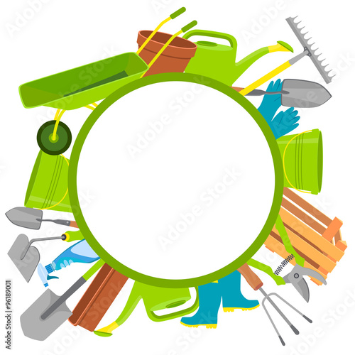 Round background garden tools with space for text. Vector illustration
