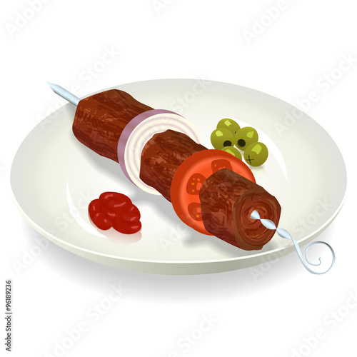 Delicious kebab on a plate with olives and tomato sauce