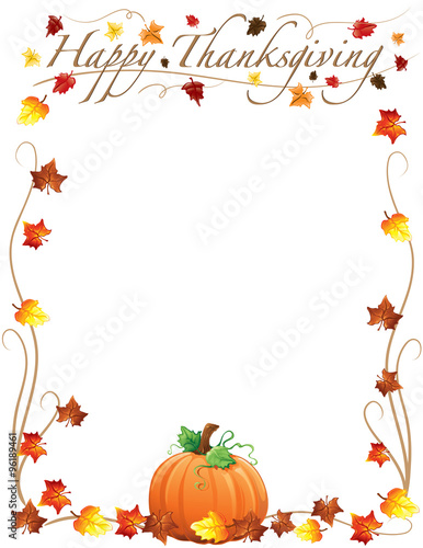 Happy Thanksgiving border with fall leaves and an autumn pumpkin 