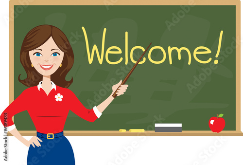 Smiling teacher welcomes students back to school