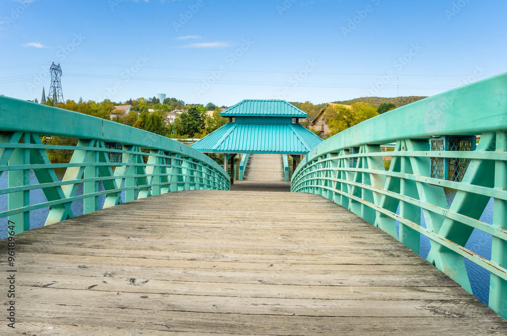 Empty Pedestrian Wooden Bridge and Clear Sky
