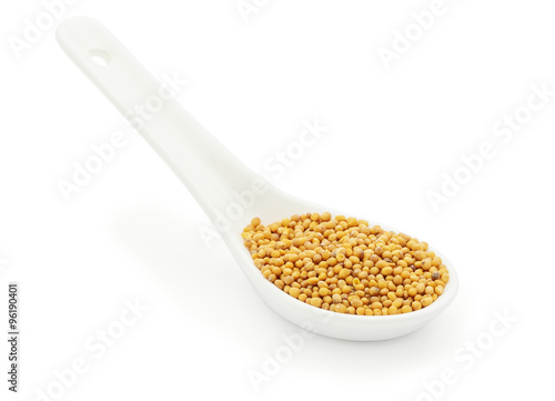 Mustard seeds in a white ceramic spoon 
