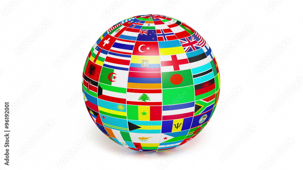 Travel and international business concept - 3d globe sphere with flags of the world rotating on white background Travel and international business concept - 3d globe sphere with flags of the world rotating on white background