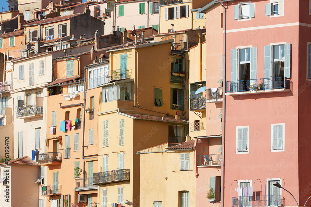 Colorful houses facades in Menton town, Provence, France