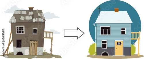 Rundown derelict house turned into a cute cottage, EPS 8 vector illustration