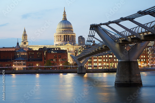 St Paul's cathedral and Millennium bridge in London, evening #96192476
