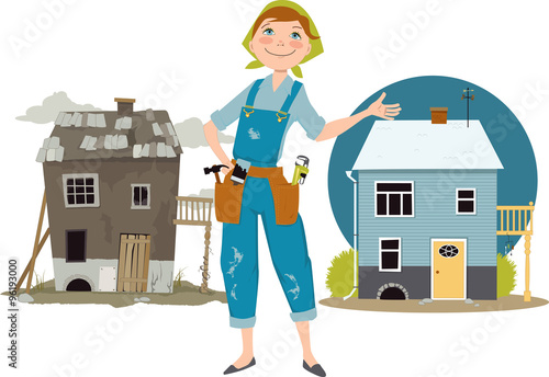 Happy cartoon woman in overalls with tools standing between pictures of a house before and after renovation, EPS 8 vector illustration, no transparencies