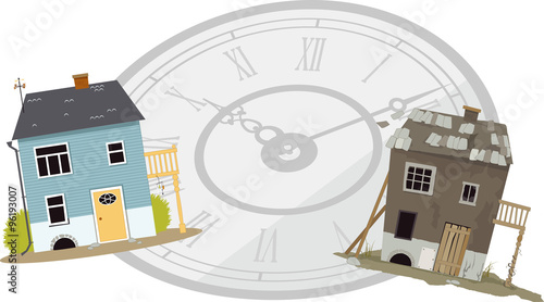 A house when it was new and when it became old and rundown shown in front of a clock face, symbolizing passing time, EPS 8, no transparencies